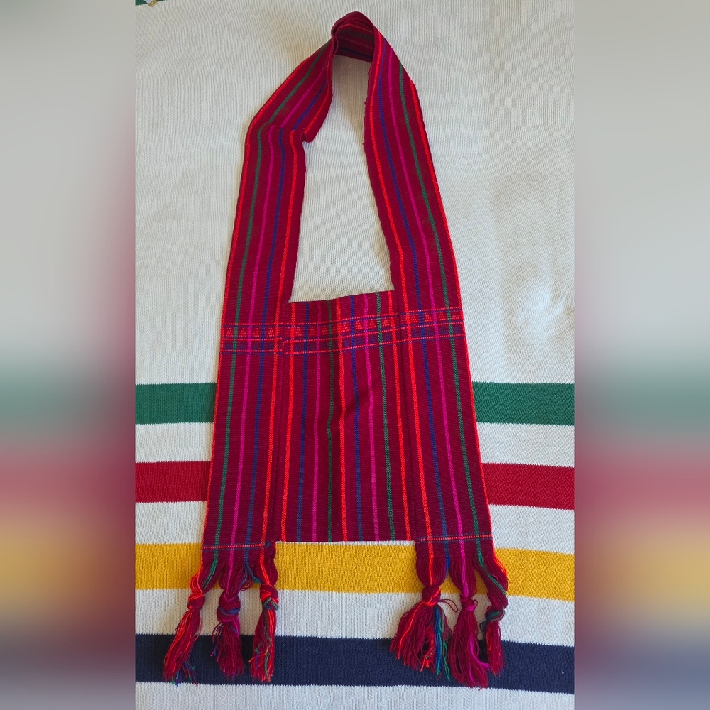 Handwoven Myanmar Ethnic Red Bolsa Ethinic Cloth Shoulder Sling Bag w Tassels